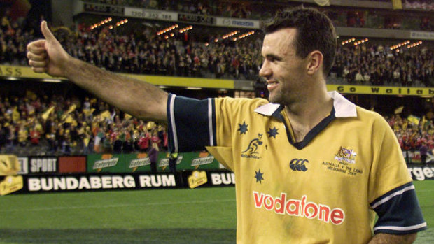 Australian winger Joe Roff celebrates scoring two tries in a win over the British and Irish Lions in 2001.