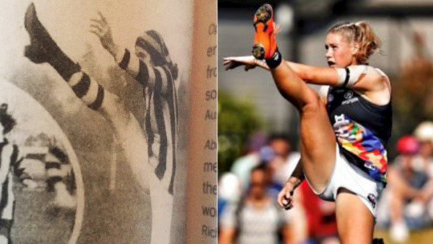 Tayla Harris (right) and a photo from 1921 published in The Australasian of another female footballer in a similar pose.
