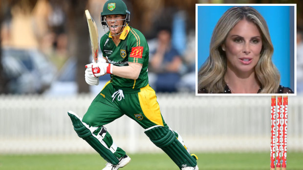 David Warner playing for Randwick Petersham and his wife Candice Warner claiming on  Channel Nine's Sports Sunday program (inset) that he left the field during a grade game because of "very hurtful" comments directed at her husband.