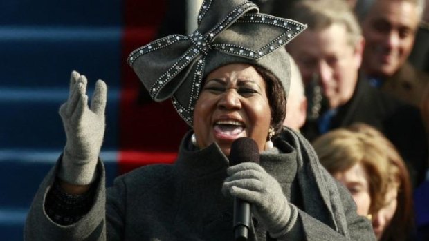 Aretha Franklin sings at Barack Obama's inauguration in 2009.