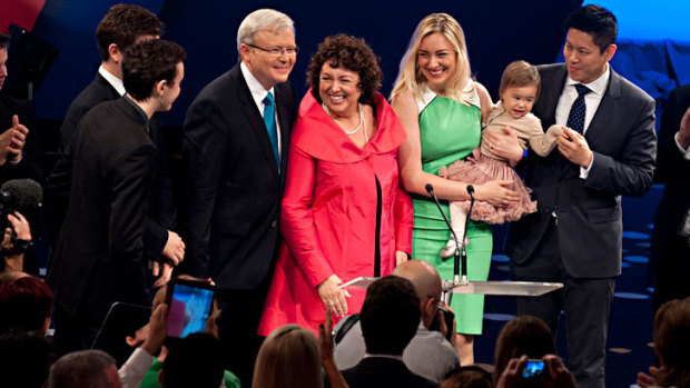 Kevin Rudd with wife Therese Rein on stage with their children Marcus, Nicholas and Jessica as well as Jessica's husband Albert Tse and their baby Josephine at the ALP 2013 federal election campaign launch.