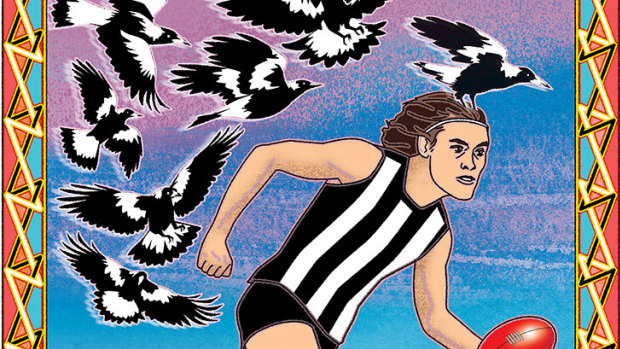 Magpie Darcy Moore in full flight (illustration: Jim Pavlidis).