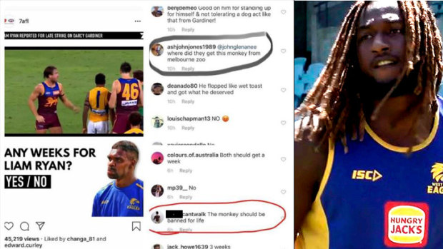 Nic Naitanui posted a screenshot with the offensive comments on his Twitter account.