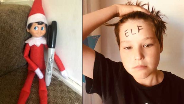My son is slightly scared of what the naughty elf will do next.