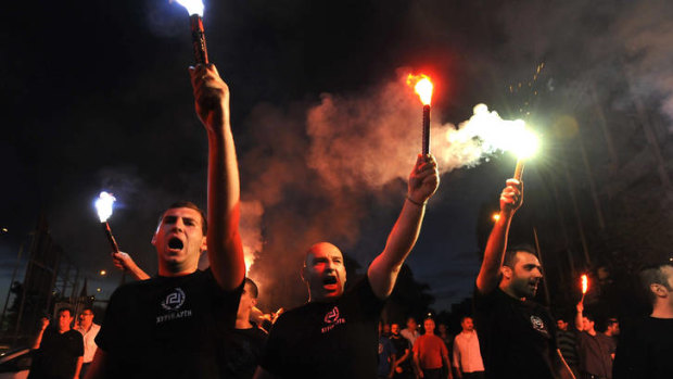 Golden Dawn supporters in Greece await national election results in May.