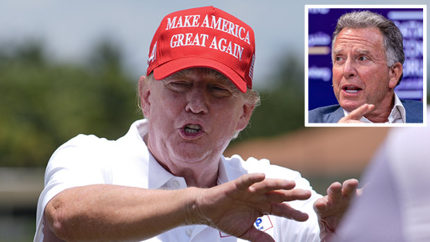 Trump playing golf in Florida earlier this year and Steven Witkoff (inset).