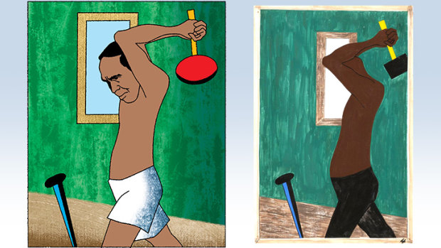 AFL great Eddie Betts (illustration: Jim Pavlidis), and a Jacob Lawrence original from the Migration series.