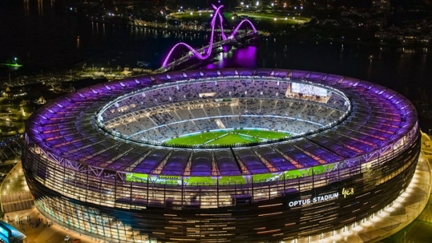 Optus Stadium decked in purple when Perth Glory hosted the city's first A-League Grand Final last year.