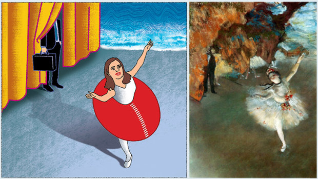 On point: Queensland Premier Annastacia Palaszczuk (illustration: Jim Pavlidis), and original painting 'The Star - Dancer on Stage' (1878) by French artist Edgar Degas.