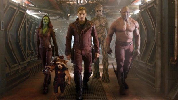 James Gunn’s superhero smash: The Guardians Of The Galaxy are (from left) Zoe Saldana as Gamora, Rocket Racoon, voiced by Bradley Cooper, Chris Pratt as Peter Quill, Groot, voiced by Vin Diesel, and Dave Bautista as Drax.