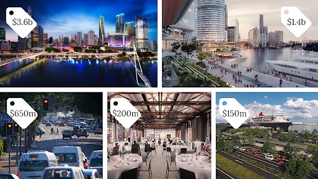Five big-ticket projects with price tags: Queen's Wharf casino development, Eagle Street Pier revitalisation, Kingsford Smith Drive upgrade, Howard Smith Wharves, and the new cruise ship terminal.