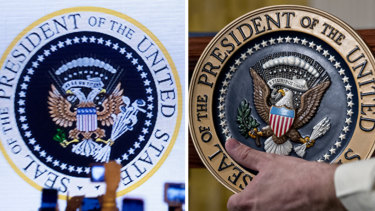 The doctored seal (left) had a two-headed eagle clutching a set of golf clubs, unlike the proper presidential seal (right).