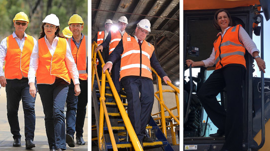 High vis on the hustings: Premier Annastacia Palaszczuk, Prime Minister Scott Morrison, and Opposition Leader Deb Frecklington.