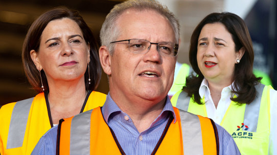 Queensland LNP leader Deb Frecklington, Prime Minister Scott Morrison, and Queensland Premier Annastacia Palaszczuk.