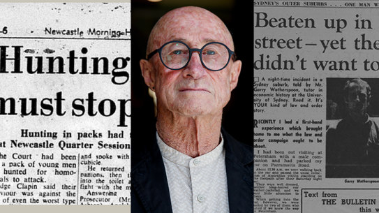Garry Wotherspoon outside The Special Commission of Inquiry into LGBTIQ hate crimes in Sydney, November 21, 2022, and newspaper clippings of articles about the hate crimes. 