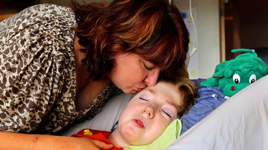 Jo-ann Morris with her son, Samuel. He did in 2014, aged 10. After a non fatal drowning when he was two, he was in pain, and couldn’t eat or talk or communicate. 