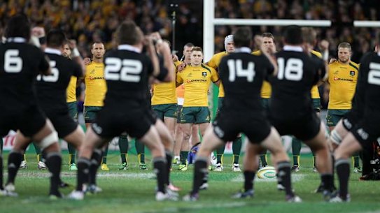 The Wallabies stare down the All Blacks' haka before the Bledisloe Cup.