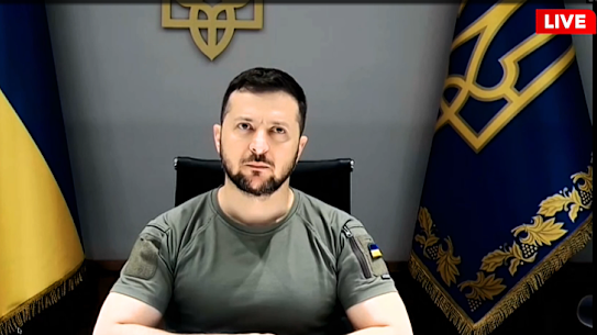 A screenshot of Ukrainian President Volodymyr Zelensky giving a virtual address to ANU’s Centre for European Studies on Wednesday.