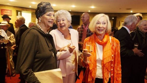 Beauties from <i>Beauty and the Beast</i>: Maggie Tabberer, Diana “Bubbles” Fisher and Noeline Brown at Stuart Wagstaff’s memorial in 2015. 