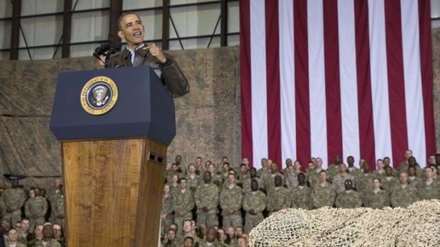 Then president Barack Obama speaks to US troops during a visit to Bagram in Afghanistan in 2014.