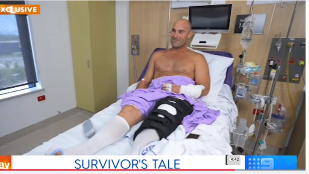 Teacher Sam Edwardes recovering in hospital after he was attacked by a shark at Byron Bay last Sunday. 