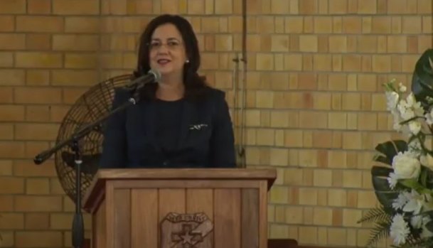 Queensland Premier Annastacia Palaszczuk speaks at the state funeral of former Labor deputy Tim Mulherin in Mackay September 15, 2020. 