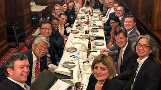 Victorian Labor’s Right caucus are all smiles at a meeting following the 2018 election win. Clockwise L-R: Frank McGuire, Hong Lim, Meng Heang Tak, Manor Kumar, Neil Pharaoh, Sarah Connolly, Marlene Kairouz, Australian Workers Union secretary Ben Davis, unclear, Anthony Carbines, unclear, unclear, unclear, Robin Scott, unclear, Cesar Melhem, Colin Brooks, Adem Somyurek, Kaushaliya Vaghela, Tim Richardson, Luke Donnellan, Tien Kieu and Natalie Suleyman. 