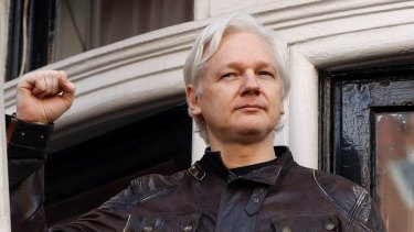 Julian Assange on a balcony at the Ecuadorian embassy in London.