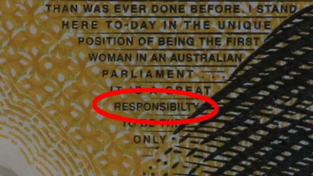 The fine print on the botched $50 note.