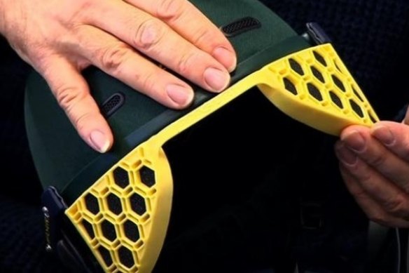 Extra protection: A “Stem Guard” helmet attachment that could be the model for mandatory neck guards. 