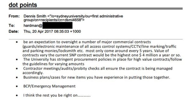 An email sent from Dennis Smith to Simon Hardman about his application for a job at Sydney University. 