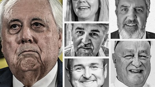 Clive Palmer (left) and his candidates (from top centre clockwise) Suellen Wrightson, Todd Charles Juchau, Michael Norman Jessop, Gabrial Pennicott and David Sarikaya.