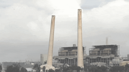 The Liddell Power Station chimney stacks being demolished today.
