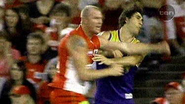 Sydney Swan Barry Hall’s infamous KO of Eagle Brent Staker in 2008.