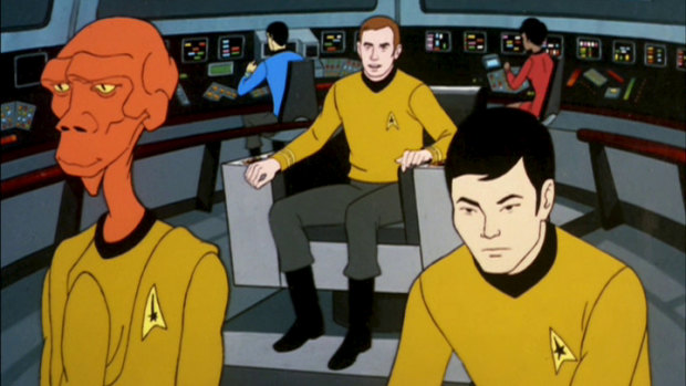 Arex (James Doohan), Spock (Leonard Nimoy), Captain Kirk (William Shatner), Uhura (Nichelle Nichols) and Sulu (George Takei) on the bridge of the USS Enterprise in Star Trek: The Animated Series.