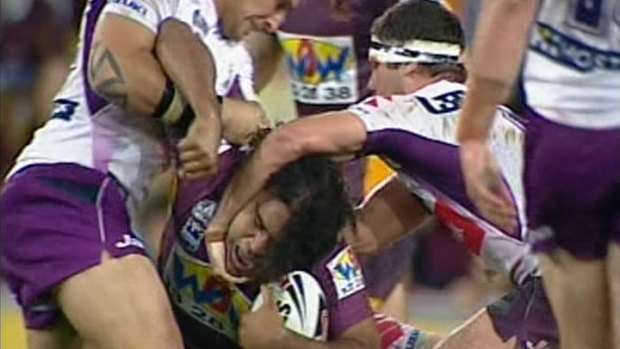 Twist and shout: Smith missed the 2008 grand final for this contact on Sam Thaiday's head.