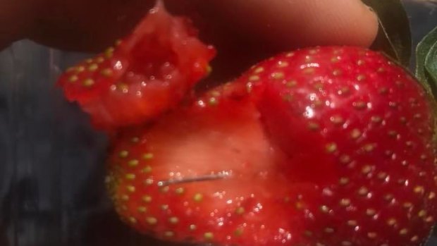 A Queensland man posted this photo of a needle in a strawberry after reporting his friend swallowed one on September 9.