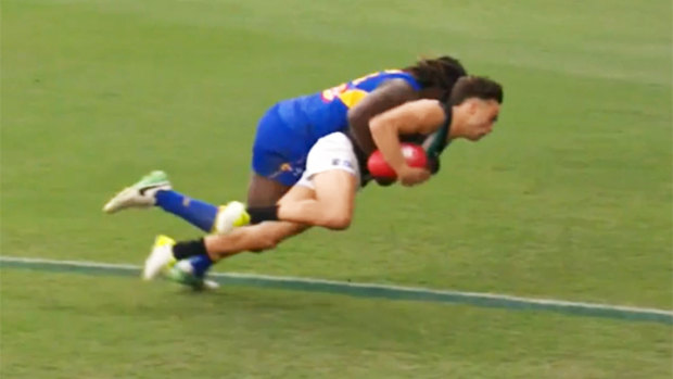 Nic Naitanui faces a one-match ban for this dangerous tackle on Port's Karl Amon.