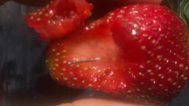 A Queensland man posted this photo of a strawberry with a needle in it after reporting his friend swallowed one. 