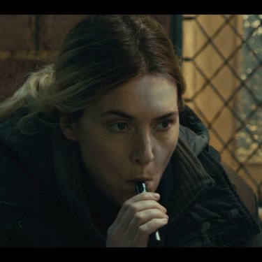 Kate Winslet as Detective Sergeant Mare Sheehan vapes in the crime drama, Mare of Easttown.