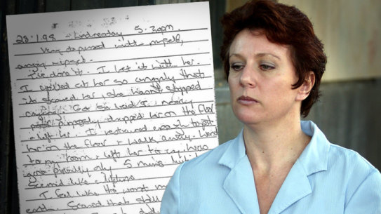 An excerpt from Kathleen Folbigg’s diaries and Folbigg outside the NSW Supreme Court in 2003.