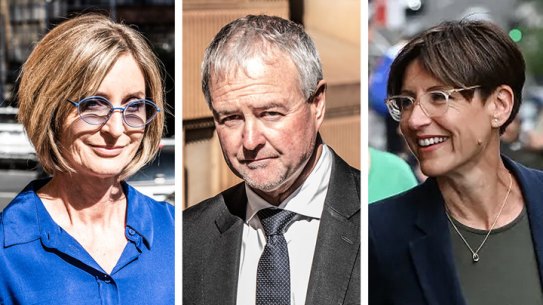 Mick Willing (centre) has been pitted against Pamela Young (left) and Emma Alberici (right) during the LGBTIQ hate crimes inquiry in Sydney.
