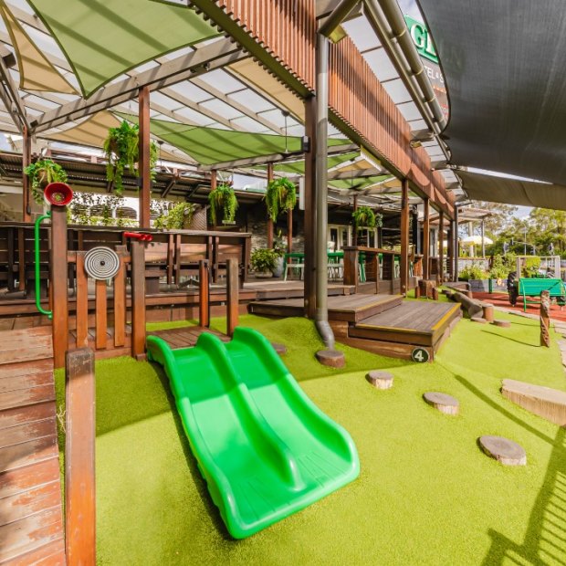 The Glen Hotel’s design gives parents up on the deck a good view of the lengthy playground.