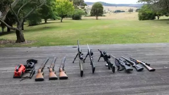 Guns on display at Tom Zhou's hunting property in Murrindindi.