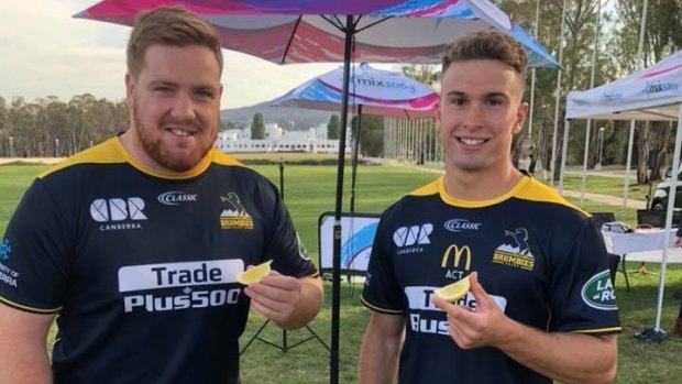Brumbies players Tom Ross and Will Goddard also took the Lemon Face Challenge.