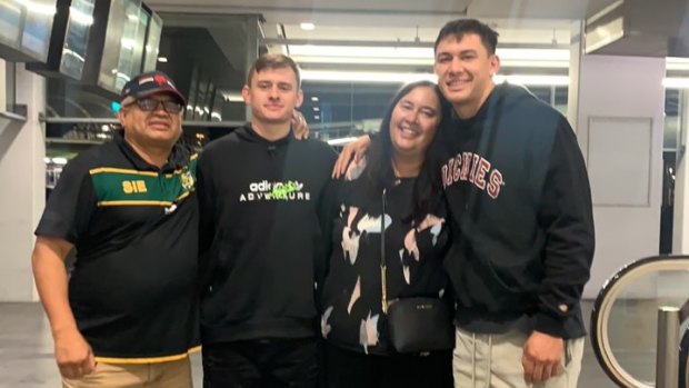 Roosters ace Joey Manu was re-united with his father Nooroa (far left) and mother Darnel for the first time in 15 months earlier this year. Also pictured is Joey’s younger brother, Kani.