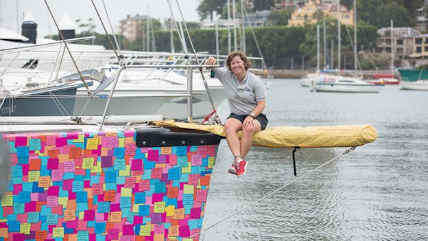 Her yacht, Climate Action Now, is covered in Post-it notes from people across the globe who have detailed how they are helping the environment. 