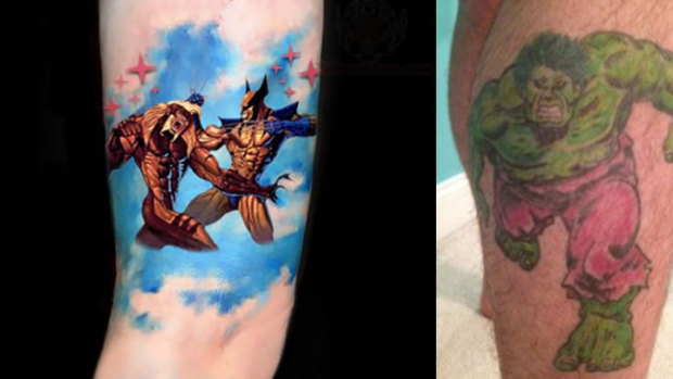 Artist-generated pictures depict a Wolverine versus Sabretooth tattoo and an Incredible Hulk tattoo. 