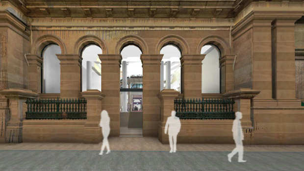 Artists' impression of the proposed new entrance way - and the changes to the windows proposed for the heritage-listed NAB Building on the corner of Creek and Queen Street.