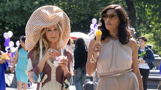 Carrie (Sarah Jessica Parker) and Seema (Sarita Choudhury) in season three of And Just Like That...